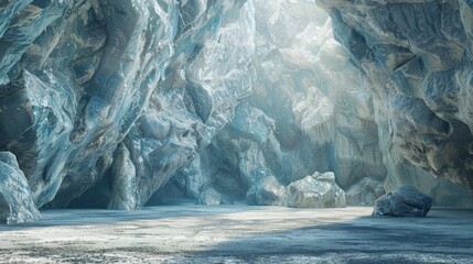 An ethereal blue ice cave with crystal-like ice formations and a dusting of snow on its rugged floor, evoking a sense of adventure and natural wonder