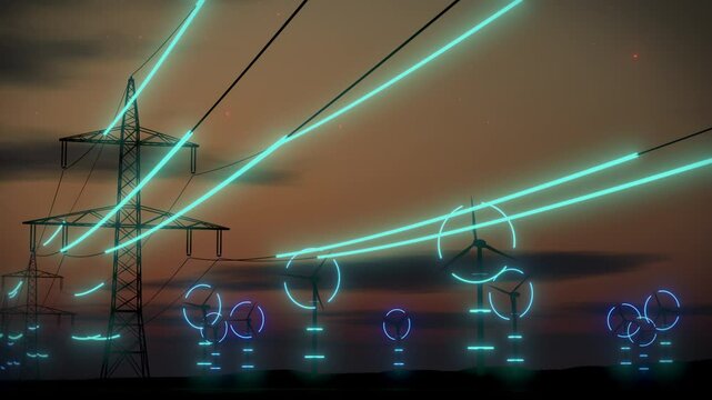 High-voltage power transmission lines and wind turbines with visualization of electricity silhouetted against evening sky.. Clean energy transition concept. 3d animation rendering
