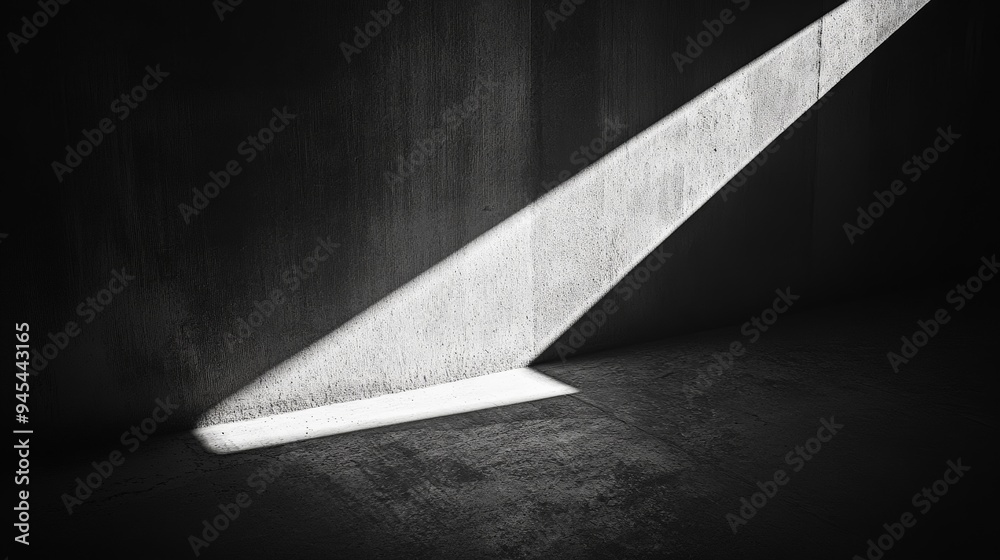 Poster a powerful beam of light slices through the darkness of a concrete room, casting intricate shadows a