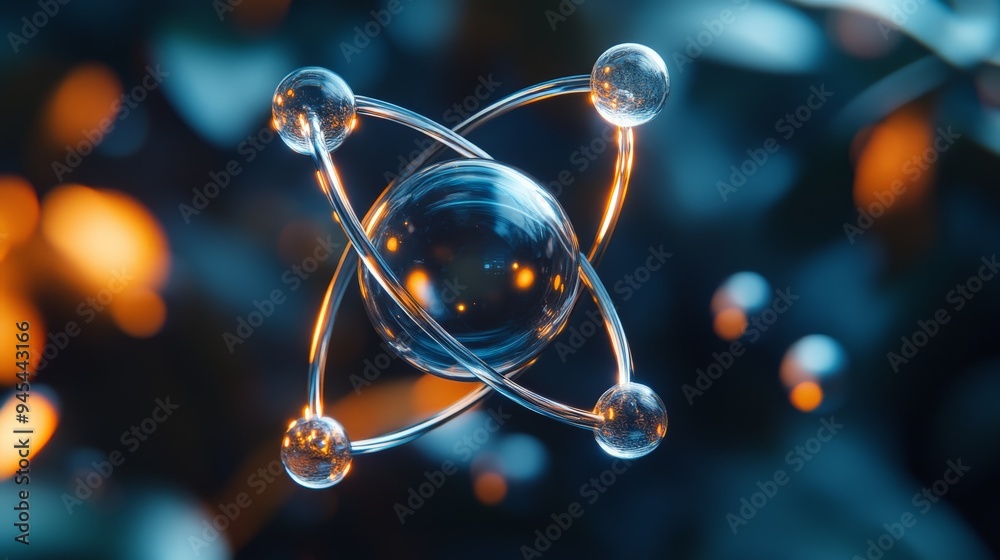 Aufkleber An abstract digital representation of an atomic structure, featuring a glowing central nucleus and swirling orbits, conveying concepts of science and energy.