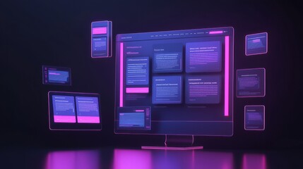 Concept of assembling a web page from modules that fly around the display. The web design studio concept page is on the display