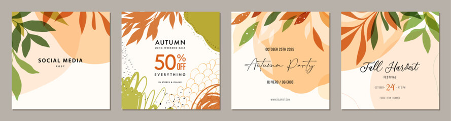 Trendy Autumn square abstract templates. Suitable for social media posts, mobile apps, cards, invitations, banners design and web ads. Vector illustration.