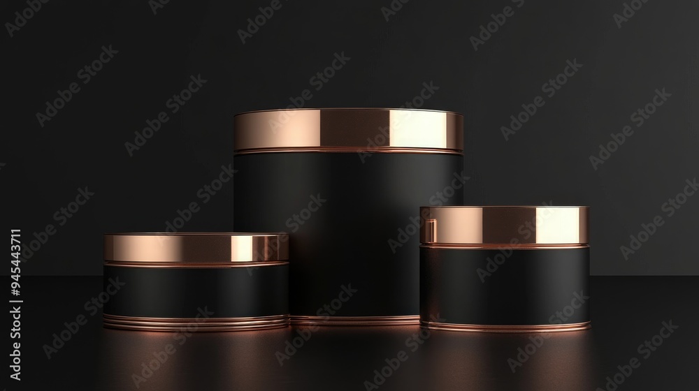 Aufkleber 3D render of a rose gold and black podium set against a dark background featuring an abstract geometric cylinder design ideal for a luxury mock up empty showcase display