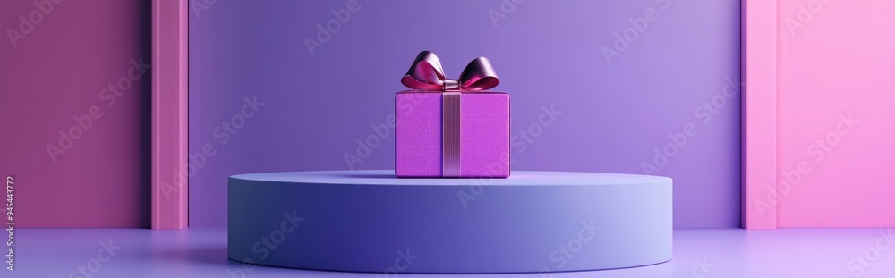 Poster 3d rendering of a podium featuring a gift box set against a purple backdrop