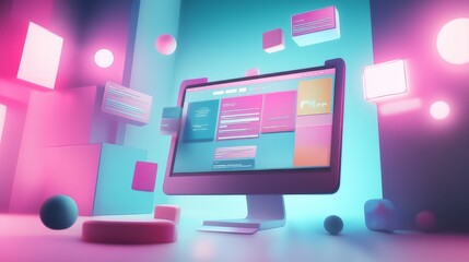 Concept of assembling a web page from modules that fly around the display. The web design studio concept page is on the display