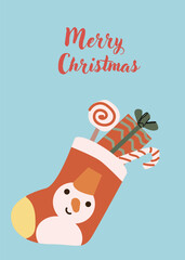 Cute xmas vertical greeting card with socks and candy cane, presents. Hand drawn vector illustration. Flat cartoon xmas background.