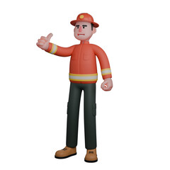 3D Male Firefighter. A firefighter is standing with his right hand raised as if giving a like symbol. Professional Rescue Character