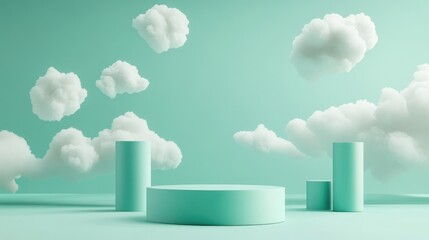 3D rendering of a green background featuring a podium and minimal cloud scene designed for product display with geometric shapes against a pastel blue sky