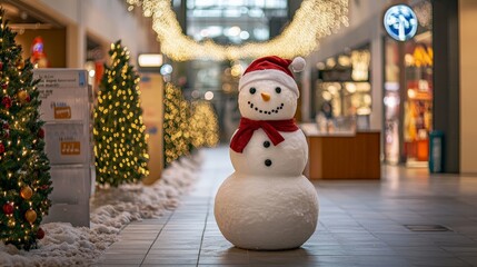 Obraz premium A happy snowman with a Santa hat and red scarf stands amidst Christmas trees and snow in a decorated shopping center, radiating warmth and festive cheer.