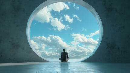 A person meditates inside a large circular window, gazing at a beautiful blue sky filled with fluffy clouds, capturing a moment of peace and tranquility.