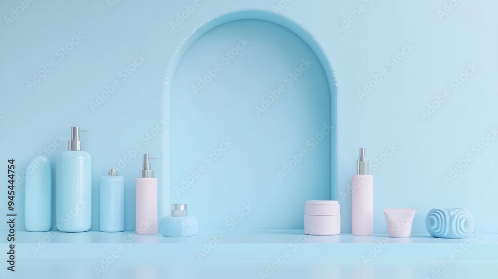 Poster 3D rendering of a minimalist product display background for skincare items in soft blue pastel tones