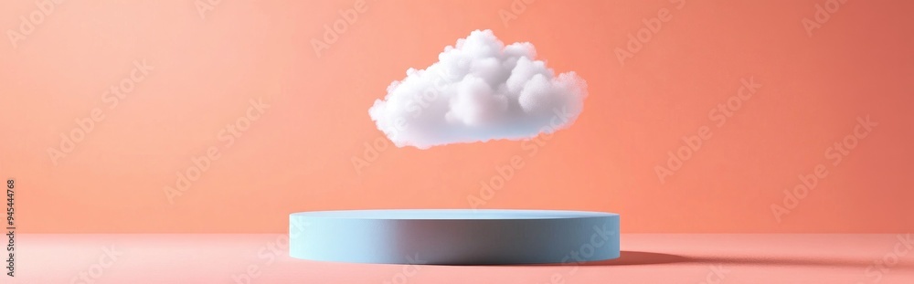 Aufkleber 3d render of an abstract peach background featuring a white cloud floating above an empty blue podiu
