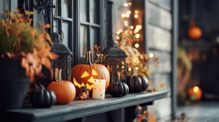 Fototapeta premium Lit Jack-O-Lantern and Pumpkins on a Shelf.