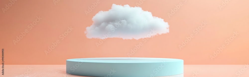 Fototapete 3D render of an abstract peach background featuring a white cloud floating above an empty blue podium ideal for product showcase mockups