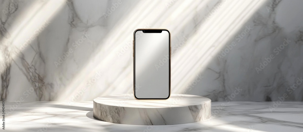 Poster 3d rendered illustration of a smartphone mockup ui app display interface on a marble podium stage wi