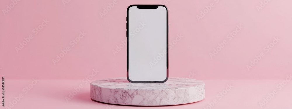 Aufkleber 3D rendering of a smartphone with a blank white screen displayed on a round marble pedestal tilted towards the ground The pedestal is suitable for commercial advertising set against a minimal pink