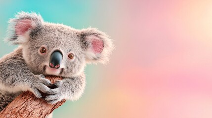 Naklejka premium Cute Koala Bear Cub on Branch Looking at Camera.