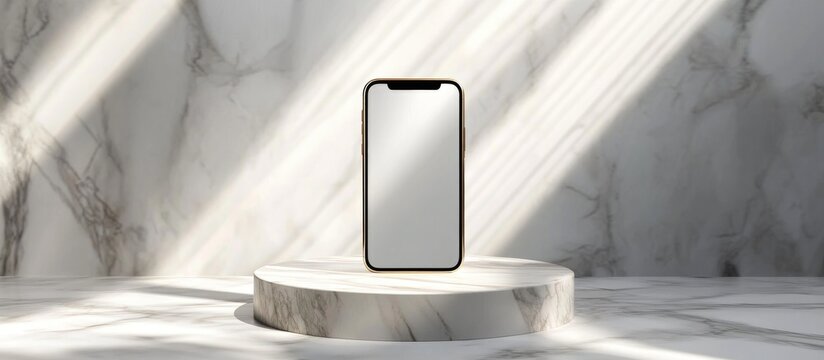 3D rendered illustration of a smartphone mockup UI app display interface on a marble podium stage with a white background featuring a premium minimalist design in gold