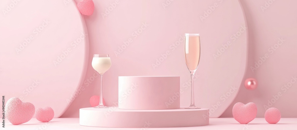 Aufkleber 3D rendering featuring a pink background with three podiums designed for displaying products such as cosmetics food drinks or technical tools all themed around a Valentine s Day concept
