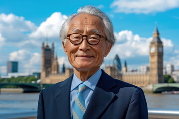 Elderly man enjoying a bright morning in London, standing in front of the Houses of Parliament and Big Ben