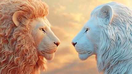 Two White Lions Facing Each Other.