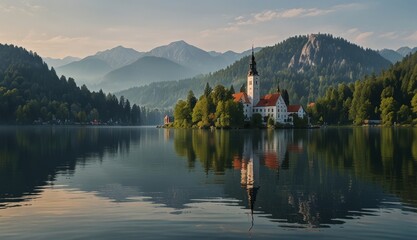 Fototapeta premium Serene Lake Landscape at Sunrise