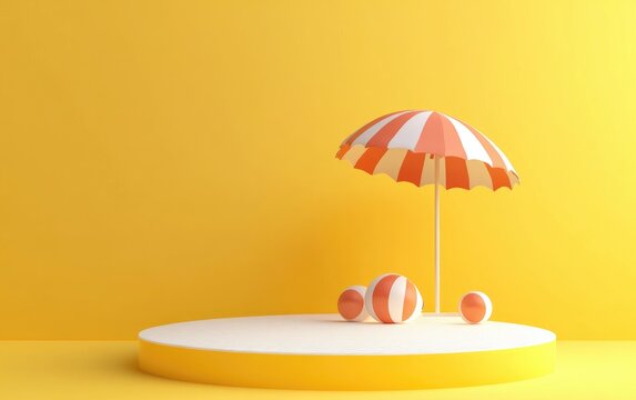 3D rendering of a summer themed podium featuring beach balls and an umbrella against a yellow backdrop Vibrant illustration ideal for promoting summer products sunscreen relaxation and vacations