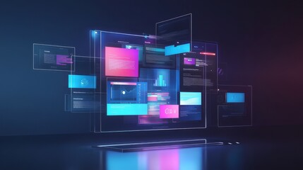 Fototapeta premium Concept of assembling a web page from modules that fly around the display. The web design studio concept page is on the display