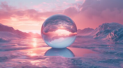 A reflective sphere on a serene, icy landscape with a colorful sunset sky background, capturing a surreal and tranquil winter scenery.