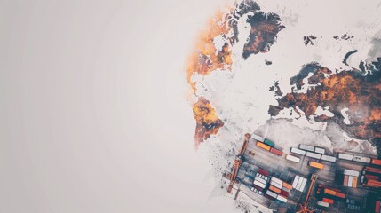 A creative representation of a world map with Earth's continents in a rust-like texture, featuring vibrant cargo ships on a white background