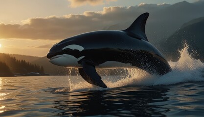 Obraz premium Majestic Orca Leaping at Sunset