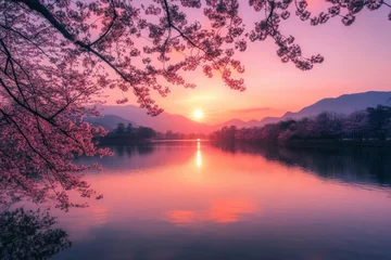 Fotobehang A stunning sunset is captured over a serene lake surrounded by blooming cherry blossoms and distant mountains, reflecting serene and tranquil natural beauty. © ChaoticMind
