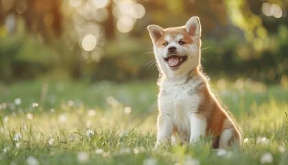 Funny adorable Akita Inu puppy in park, space for text