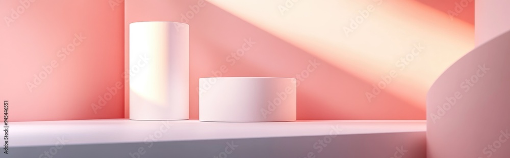 Poster 3d illustration featuring a geometric white cube and cylinder podium designed for showcasing cosmeti