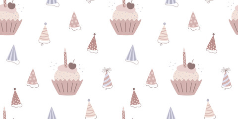 Cute childrens pattern in minimal design with cupcake. Vector illustration in flat style. Cartoon bohemian seamless pattern in pastel beige colors.