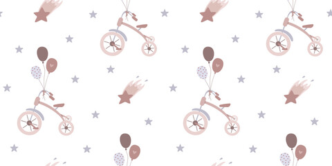 Cute childrens pattern in minimal design with tricycle, balloons and stars. Vector illustration in flat style. Cartoon bohemian seamless pattern in pastel beige colors.