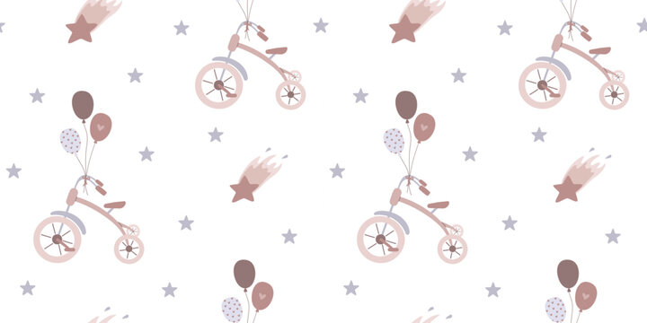 Cute childrens pattern in minimal design with tricycle, balloons and stars. Vector illustration in flat style. Cartoon bohemian seamless pattern in pastel beige colors.