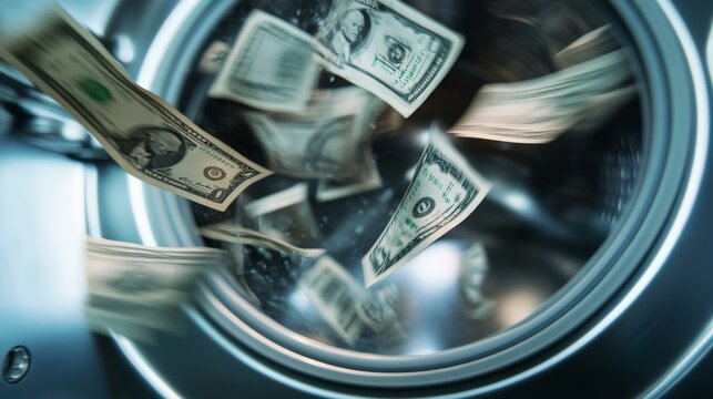 Screenshot of US dollar bills inside a washing machine, emphasizing the themes of financial laundering, economic cycles, or systematic monetary processes.