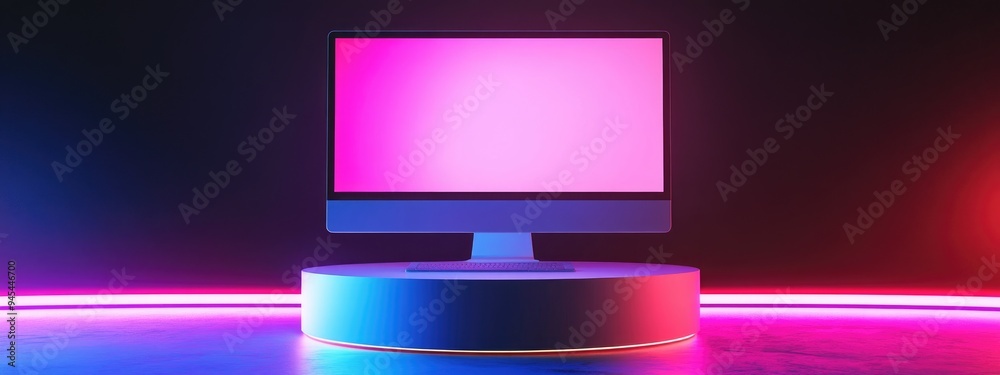 Poster 3d rendering of a white desktop monitor displayed on a neon cylindrical podium