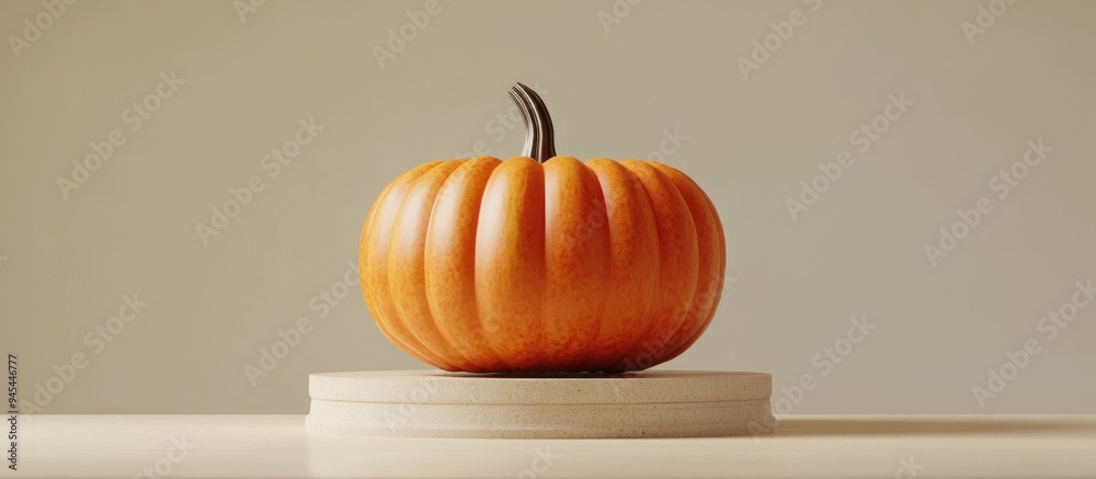 Poster 3d rendering of a large pumpkin displayed on a pedestal