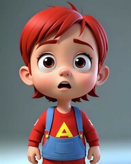Surprised 3D cartoon character,  young boy, red hair, red shirt, blue overalls.