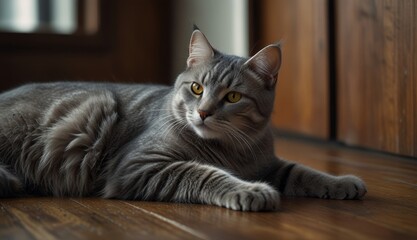 Graceful Grey Cat Relaxing Indoors