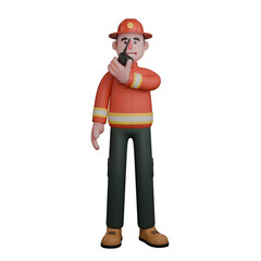Male Rescue 3D Animation . A firefighter stands with his left hand holding a walkie-talkie to provide information. Firefighter
