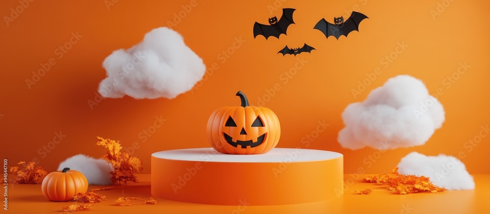 Aufkleber 3d rendering of a podium featuring halloween themed elements including a pumpkin bat and cloud suita