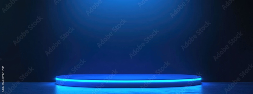 Poster 3D rendering of a blue podium with a neon glow border against a blue background suitable for various design applications and banner usage