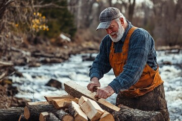 An experienced woodworker wearing a cap and overalls is captured chopping wood beside a serene river, embodying the essence of hard work, nature, and traditional craftsmanship.