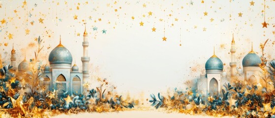 Enchanting Arabian Nights Background with Golden Stars and Blue Domes