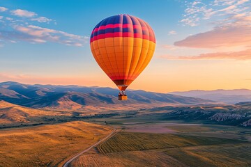 Fototapeta premium Hot Air Balloon Soaring Over Mountain Valley At Sunset.
