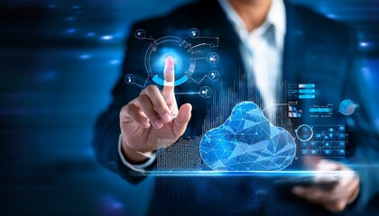 Data science and big data technology. Big data analytics visualizing complex data set on touchscreen.