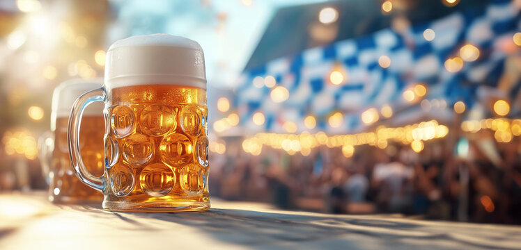 Zwei Humpen Bier stehen auf Tisch vor Oktoberfestzelt